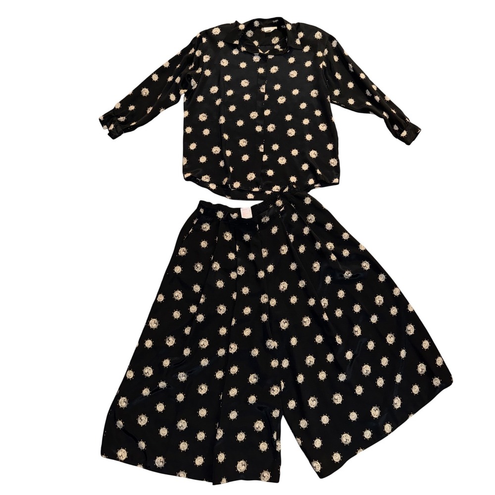 Vintage Tan Jay bohemian Gypsy culotte Black coin Button‎ Up Shirt Wide Leg set